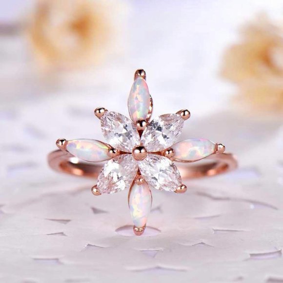 Jewelry - Sweet Super Dainty Flower Opal Gemstone CZ Rose Gold Ring for Women, VIP539